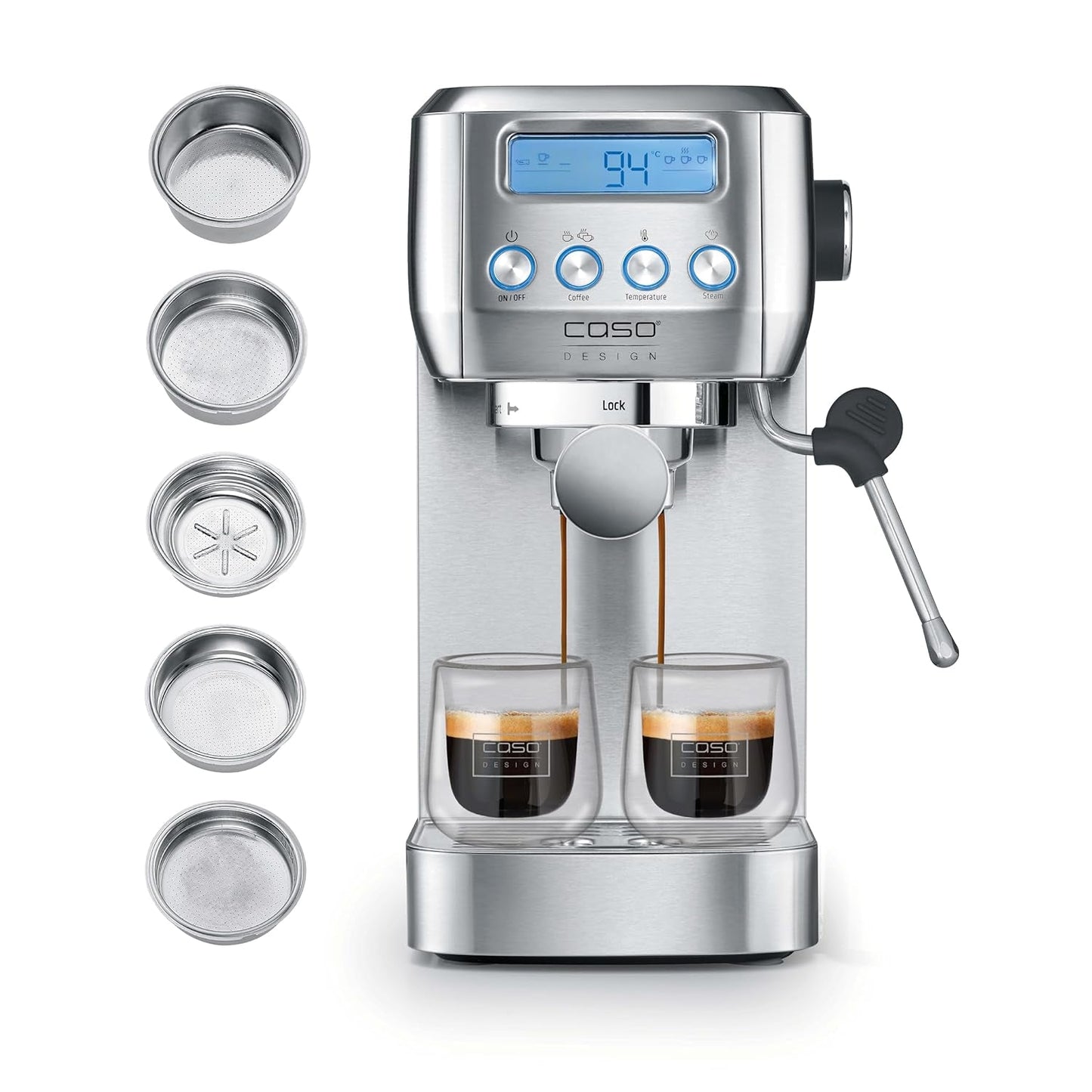 CASO EspressoGourmet Crema - Portafilter espressomaskine med mælkeskummer, espresso, cappuccino, rustfrit stål portafilter, ULKA 20 bar pumpe, kaffemaskine, malet kaffe, ESE kapsler