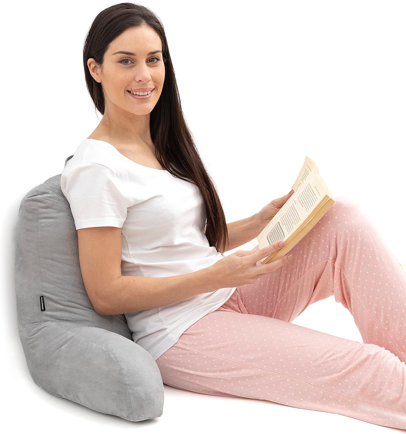 InnovaGoods Huglow læsepude med armlæn til sofa, seng og tæppe, læsepude med lændestøtte og bærehåndtag, ergonomisk, forebygger ubehag og smerter, grå