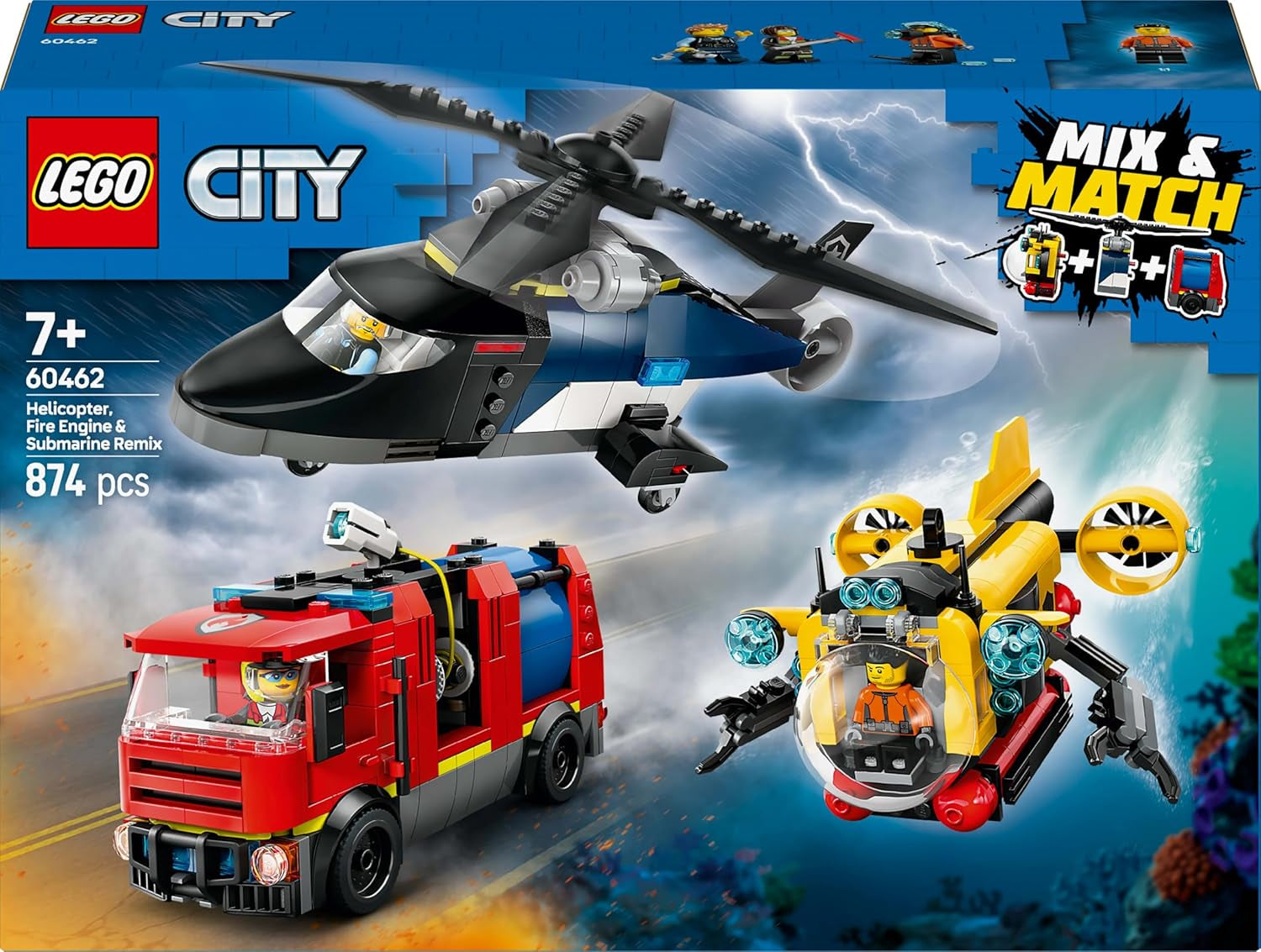 LEGO City kombisæt med helikopter, løvebil og ubåd og 3 minifigurer - Bygbare legetøjskøretøjer til drenge og piger fra 7 år - Fødselsdags- og feriegave 60462 Byggesæt Besuche den LEGO-Store