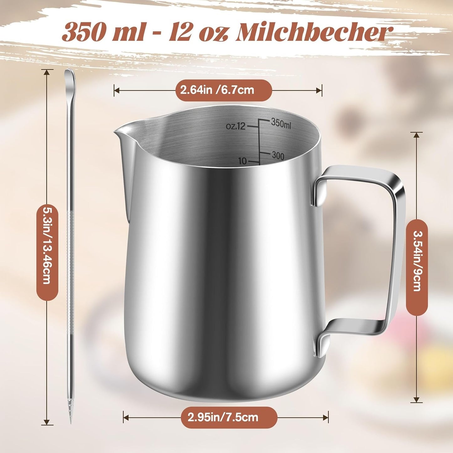 Mælkekrus, 350 ml Mælkekrus i rustfrit stål med målemærke, Barista-tilbehør, Mælkekrus til Cappuccino, Espresso, Latte Art, Kaffeelskere, Sølv, 355ml