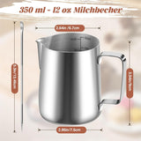 Mælkekrus, 350 ml Mælkekrus i rustfrit stål med målemærke, Barista-tilbehør, Mælkekrus til Cappuccino, Espresso, Latte Art, Kaffeelskere, Sølv, 355ml