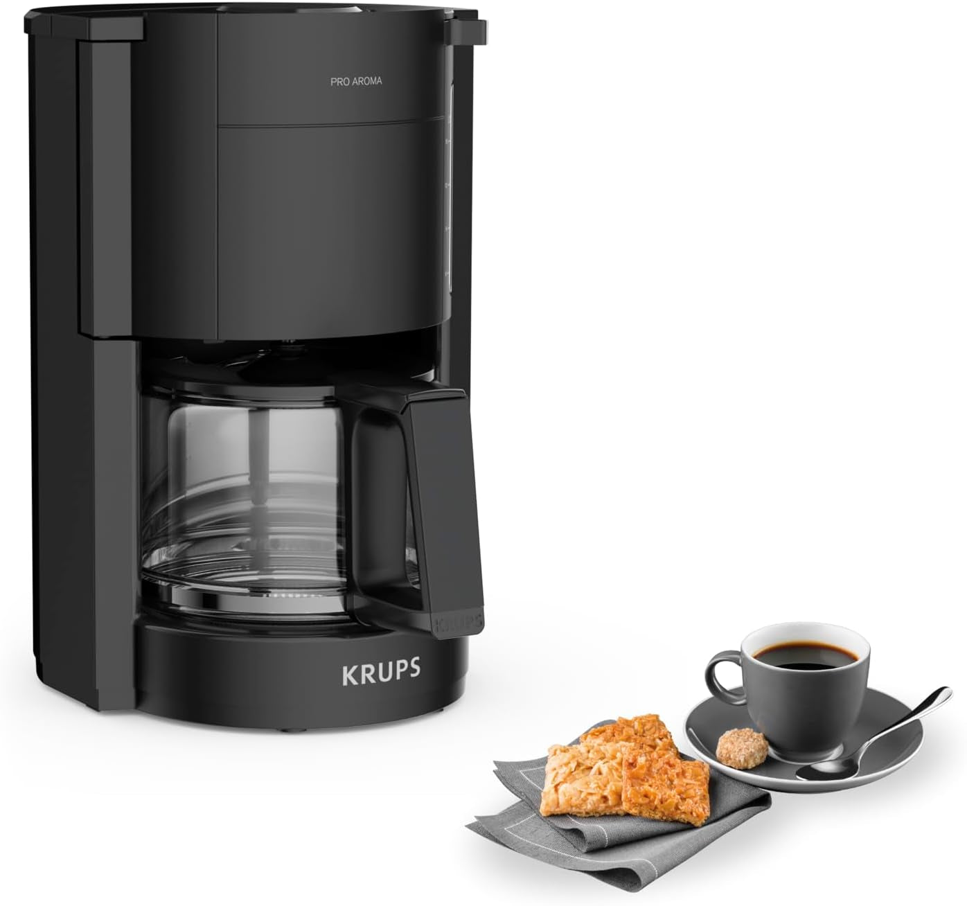Krups F30908 ProAroma Espressomaskine med filter og glaskaraffel, kapacitet 1,25 l, 10-15 kopper, 1050 W, sort