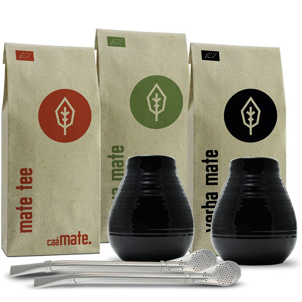 Mate tesæt til to, økologisk ● 2 Mate kopper + 2 bombillas + 300 g Mate te + forberedelsesvejledning