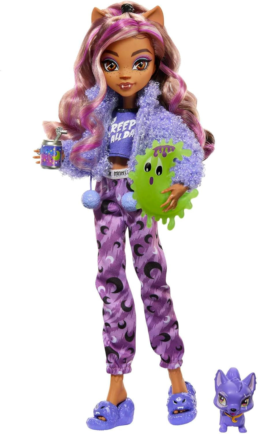 MONSTER HIGH Dukke og Sleepover-tilbehør, Clawdeen Wolf Doll with Pet Cat, Crescent, Creepover Party, HKY67