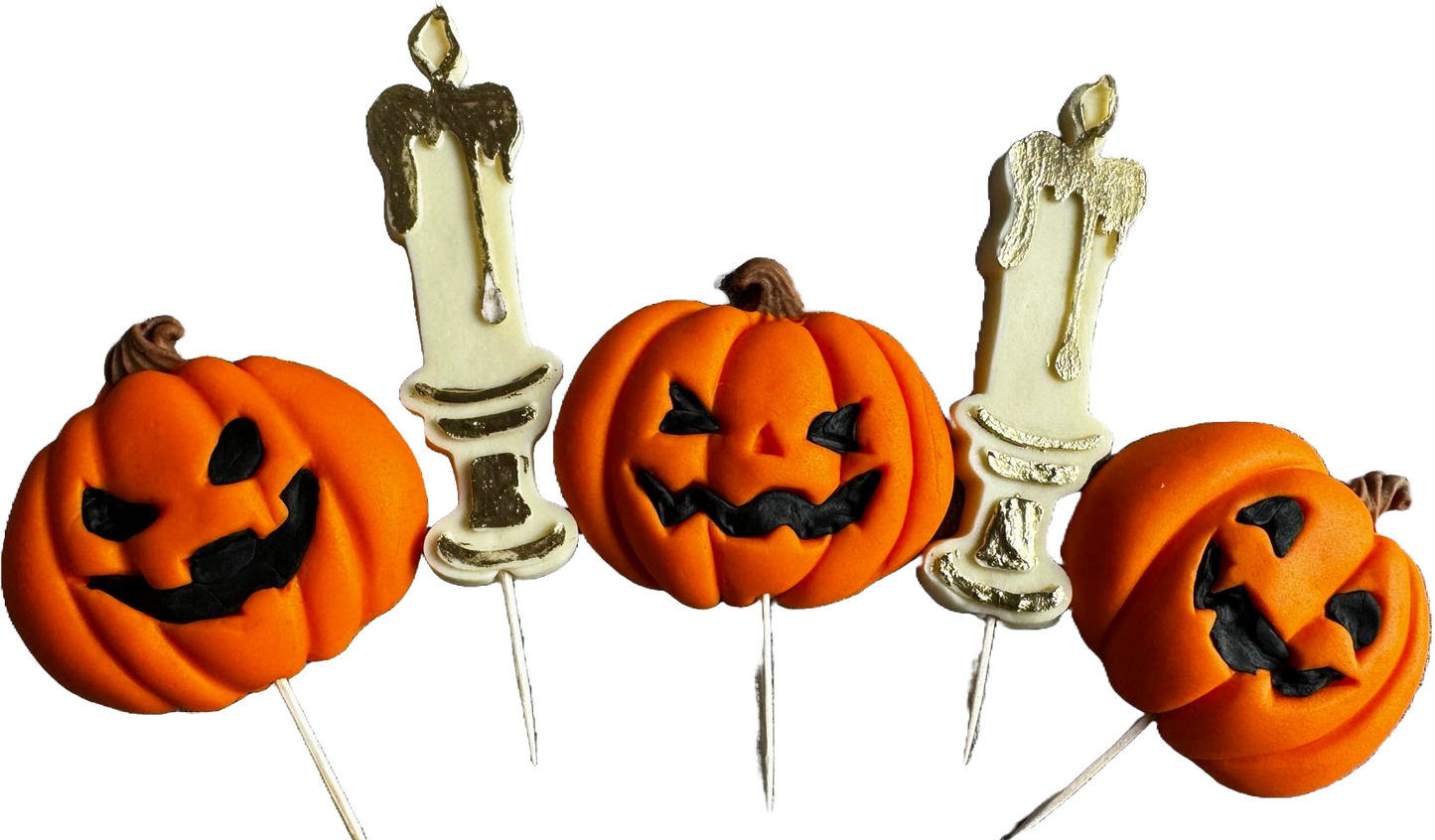 Sæt med 5 spiselige sugarpaste dekorationer, Halloween, græskar og lys Sugarpaste Decorations Naty Shop