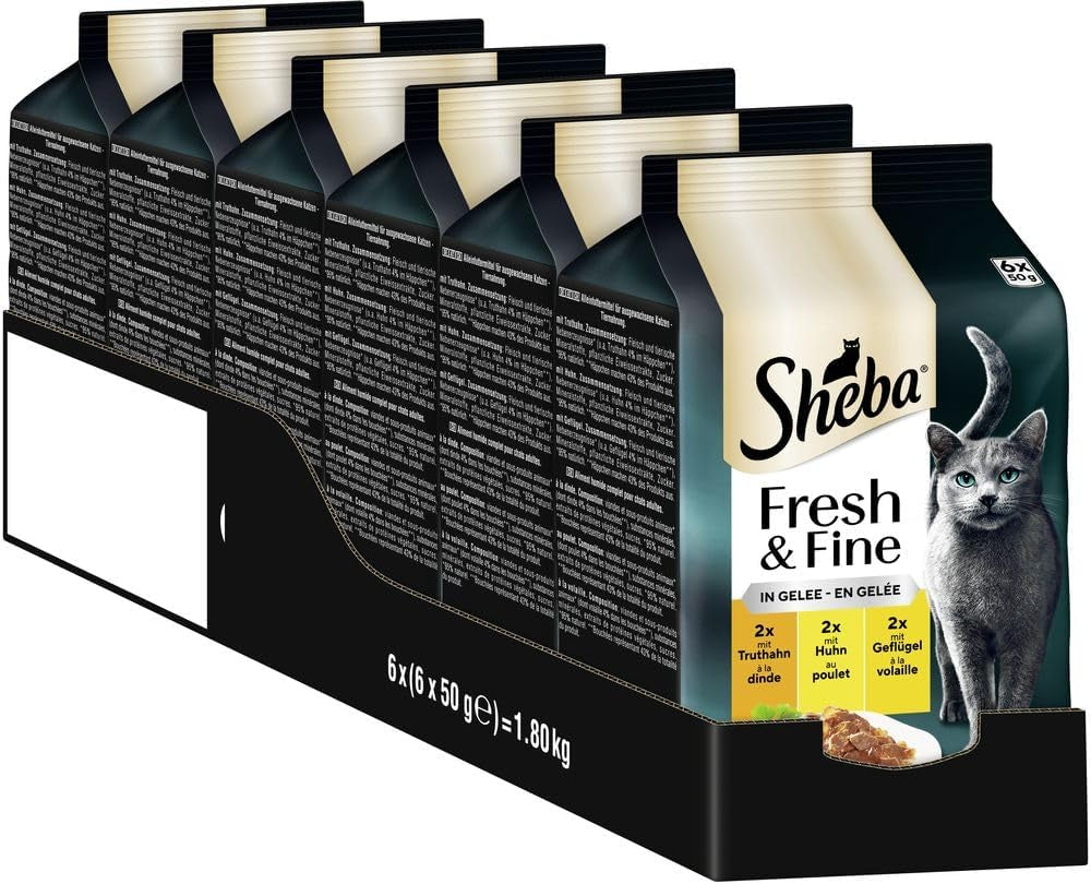 Sheba-portionsposer våd kattefoder, frisk og fin kalkun- og kyllinggelé Multipakke, 6x6x50 g - Kalkun- og kyllinggelé af høj kvalitet til kattemad