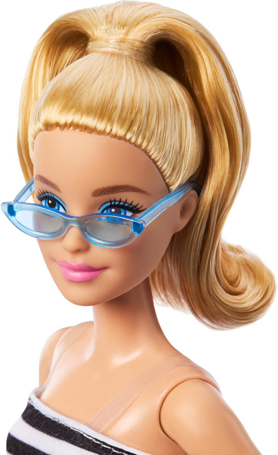 Barbie Fashionista dukke nr. 213 Blonde i stribet top Pink nederdel og solbriller 65-års fødselsdag samlerobjekt modedukke HRH11 Naty Shop Dukker