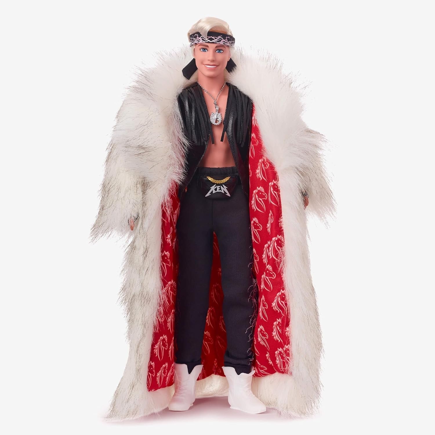 Barbie the Movie Collectible Ken-dukke iført kunstpelsoverfrakke og sort frynsevest med bandana, HRF31 Naty Shop-dukker