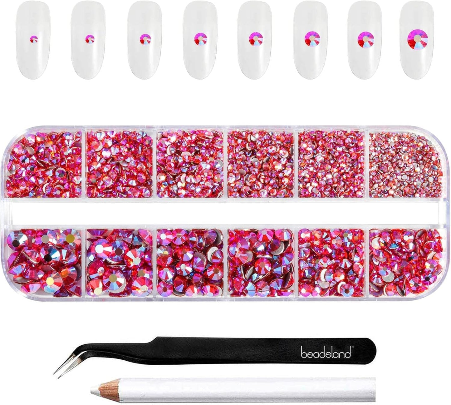 Beadsland 2500 stk Glas Nailart Strasssteine ​​​​Kristall Flatback Edelsteine ​​​​Runde, ​​Für Handwerk Gemischt 8 Größen SS4 ~ SS30 Mit Picking Pinzette Und Stift (Kristall Weiss)