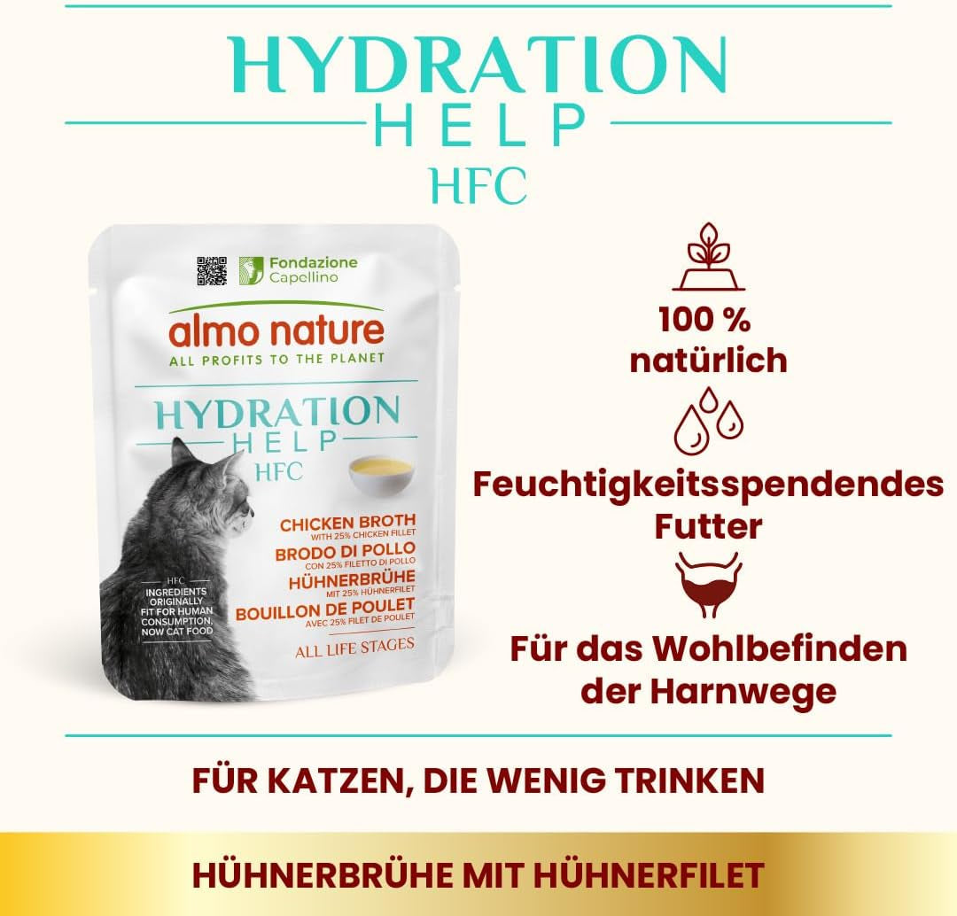 almo nature HFC Hydration Help Wet Cat Food - Kyllingesuppe og kyllingefileter - velegnet til menneskelig brug, glutenfri, monoprotein, 50 g, 24 stykker, 1,2 kg