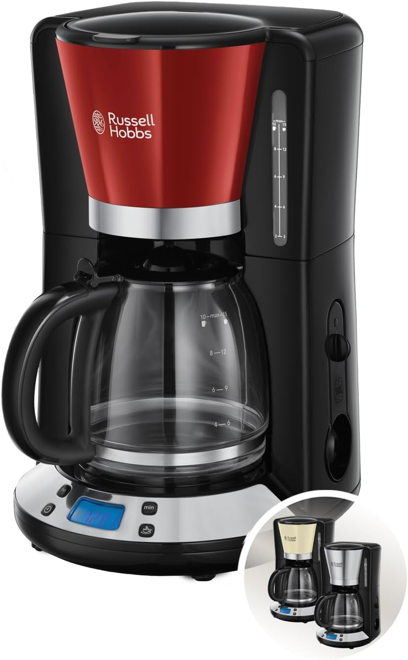 Russell Hobbs kaffemaskine [Digital timer, brusehoved for optimal udsugning og aroma] Farver+ Creme (1 til 10 kopper, 1,25 L glaskaraffel, varmeplade, 1100W) Filterkaffemaskine 24033-56
