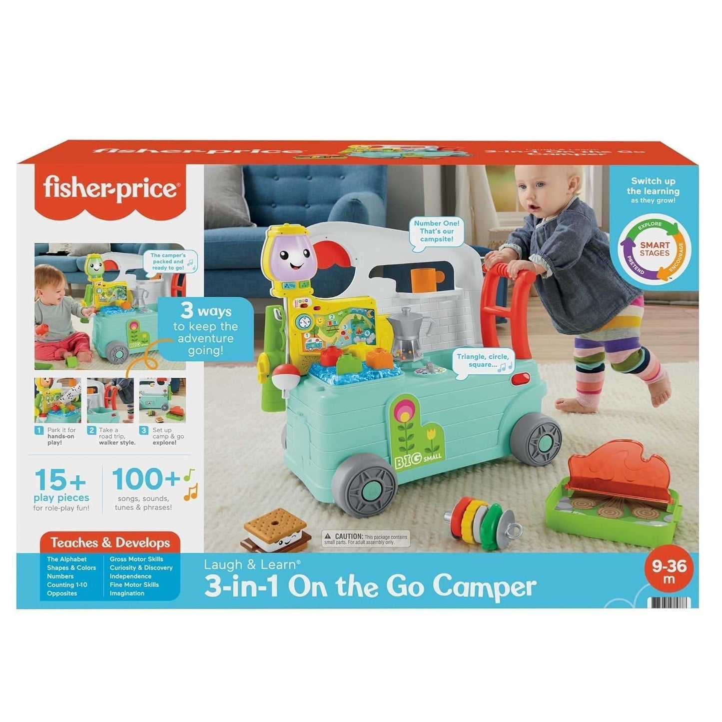 Fisher-Price - Laugh and Learn Camper 3-i-1 Baby Push Toy og Musik Aktivitetscenter Baby Legetøj 9-36 måneder HCK51 Baby Legetøj Naty Shop