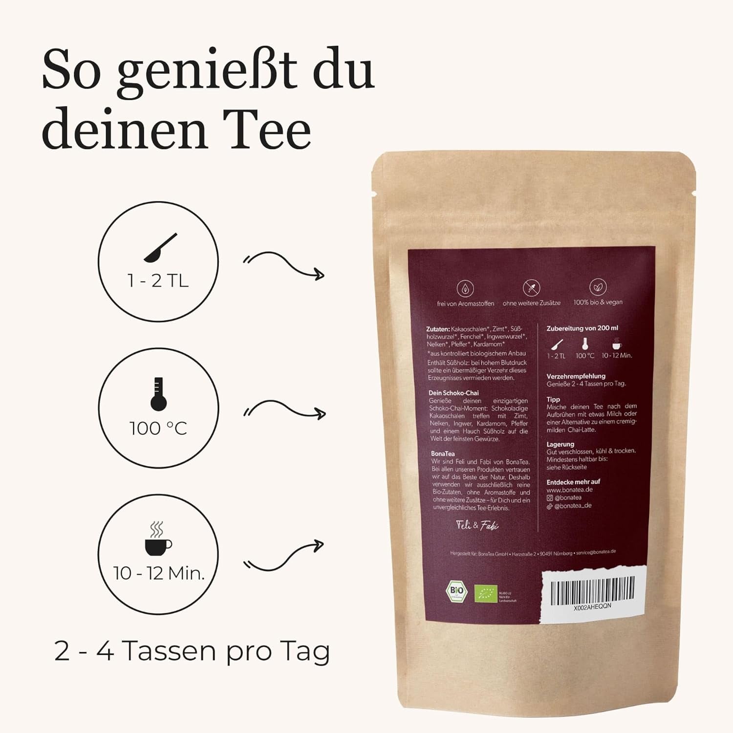 BIO Schoko Chai krydret te uden sukker, med kakaobælge, kanel, lakrids og andre aromatiske Chai-krydderier, 100 g