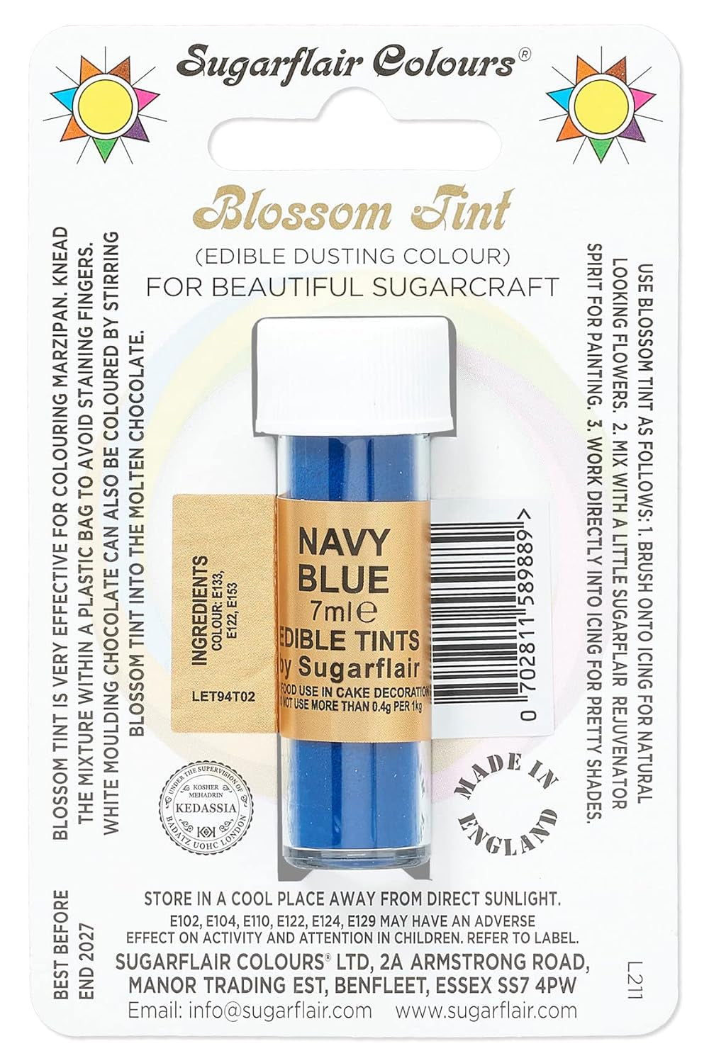 Madfarvepulver Sugarflair Blossom Tint Duting, marineblå - Madfarvepulver til dekoration af farvet sukkerpasta, fondant, glasur, chokolade, smørcreme, makroner - 7 ml