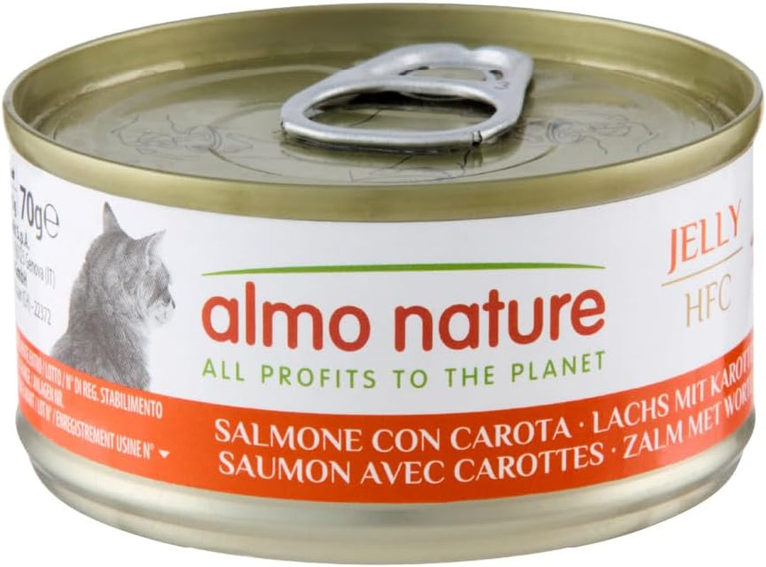 Almo Nature HFC Jelly - Vådfoder til voksne katte - Laks og gulerødder - Menneskelig kvalitet, glutenfri - 6 x 70g