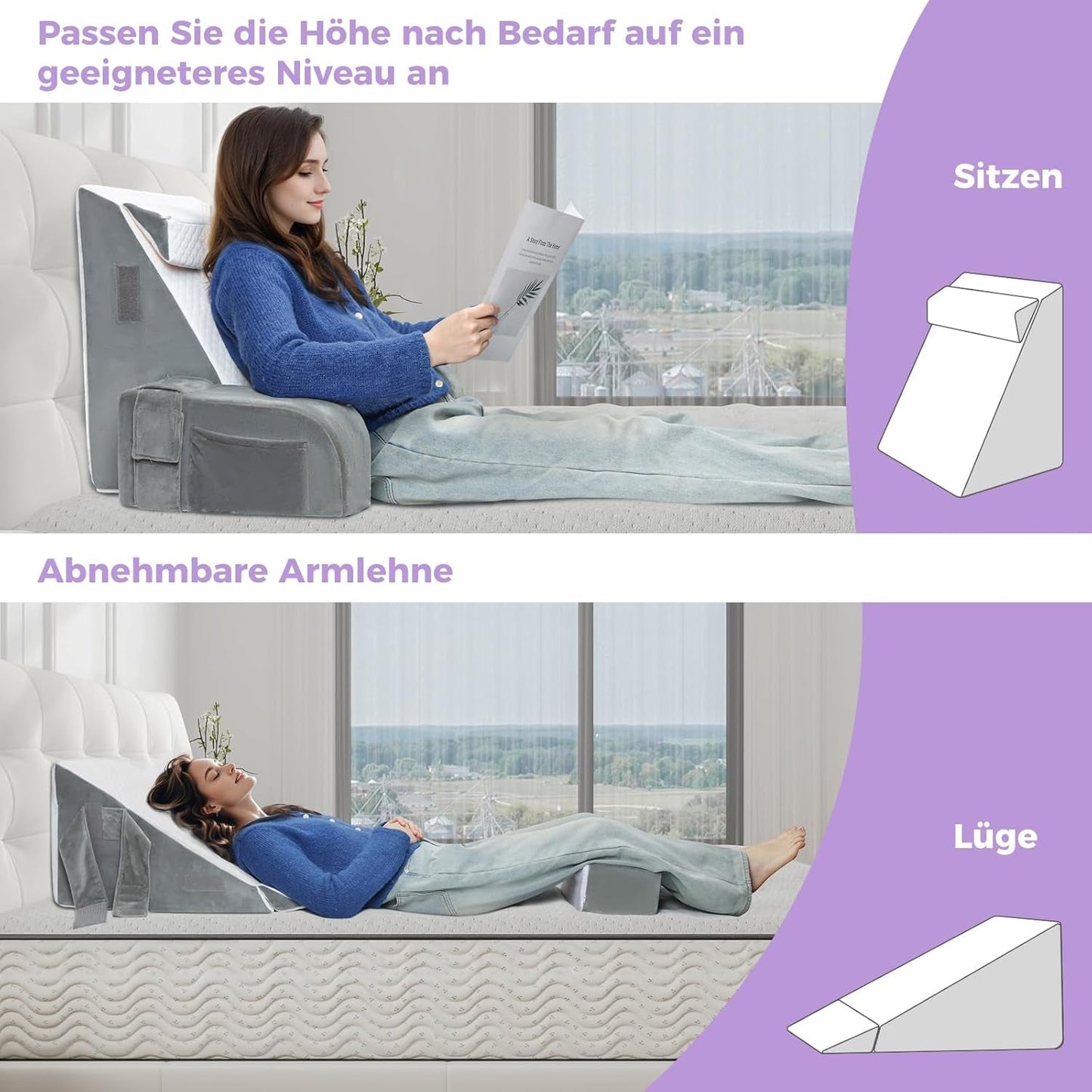 Stor læsepude med håndtag, skum med høj densitet, ergonomisk rygpude, armlæn, nakkestøtte og nakkestøtte, tilbagelænet sædepude til at sove, lege, se tv, til seng og sofa