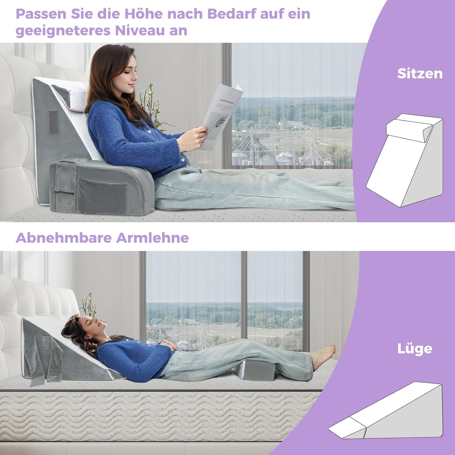 Stor læsepude med håndtag, skum med høj densitet, ergonomisk rygpude, armlæn, nakkestøtte og nakkestøtte, tilbagelænet sædepude til at sove, lege, se tv, til seng og sofa