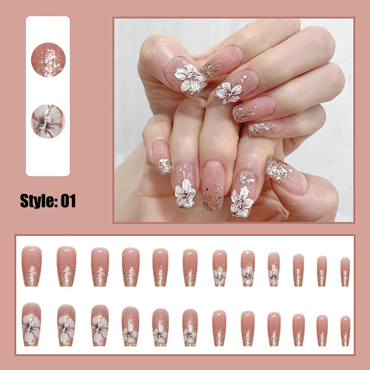 Kunstige negle Naturlig Glitter Kort Tryk På Akryl Selvklæbende Glitter Negle Til Kvinder Piger Nail Art Tilbehør 48 stk.