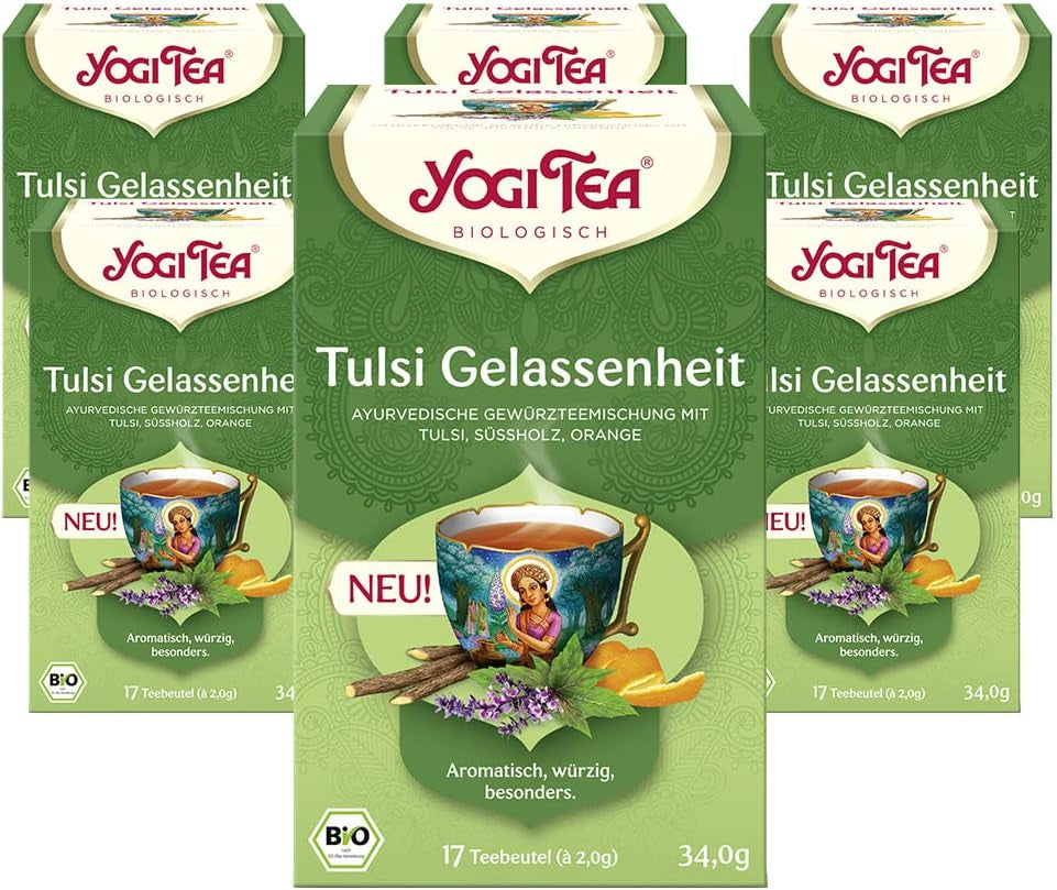 Yogi-te - Tulsi Serenity, Ayurvedisk urtete, koffeinfri, Tulsi-blanding - hellig basilikum, lakrids og appelsin, Yogi-te, 6 stk., 6 x 17 teposer (102 teposer)