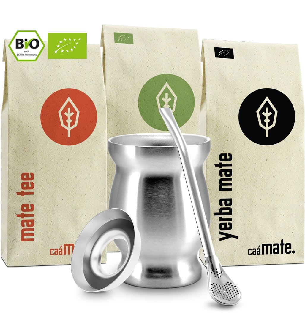 Mate Bio tesæt ● 3 sortimenter af Mate + Dobbeltvægget Mate-krus i rustfrit stål + Bombilla + Brygningsinstruktioner (sort)
