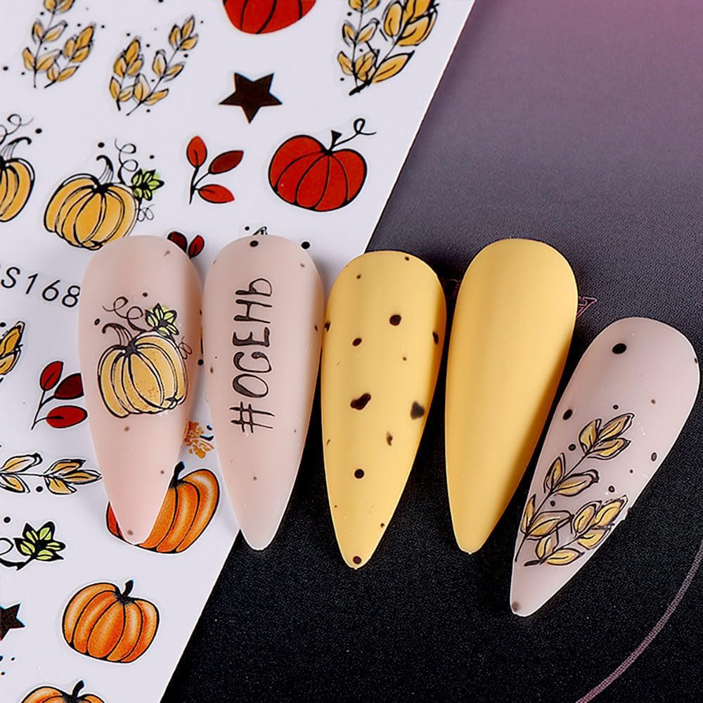 3D Autumn Nail Stickers Græskarblade Negle Stickers Geometrisk linje Blomster Negle Stickers Thanksgiving Day Design Negle Stickers Efterår Pumpkin Nail Stickers Negletilbehør Negle Art