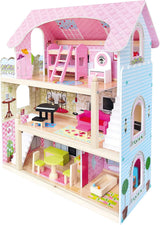 Bino World of Toys Dukkehus med altan, Legetøj til småbørn fra 3 år, med 3 etager, trapper, 4 værelser og altan inkl. 15-TLG. Tilbehør, For at fremme børns færdigheder, Pink design Naty Shop dukkehuse