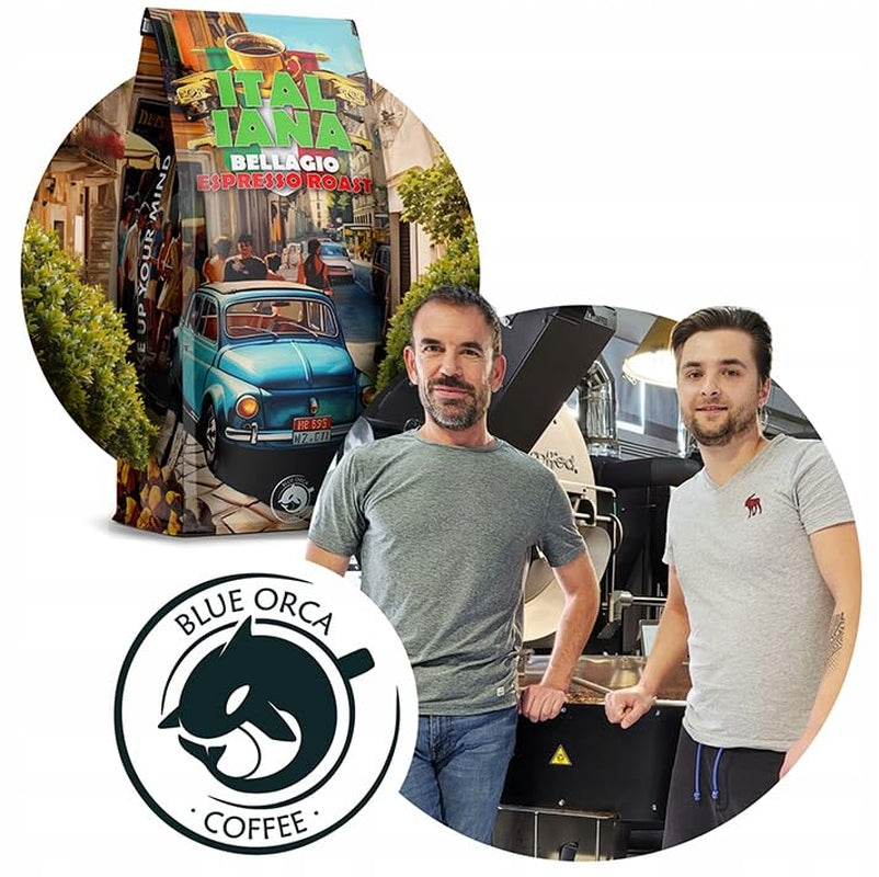 Ristede kaffebønner Italiana Bellagio 1kg | 80% Arabica og 20% ​​Robusta | med strejf af nødder og mørk chokolade | friskristet, lav syreindhold | til kaffemaskiner | Blå spækhugger kaffe