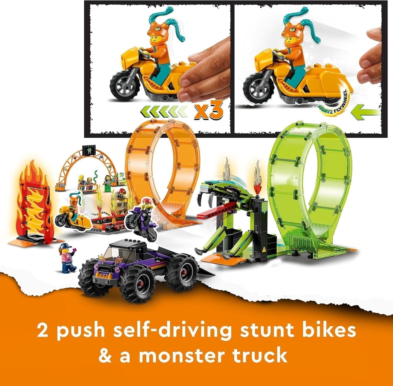 LEGO 60339 City Stuntz Stuntz Show Double Looping Sæt, inkl. rampe, monstertruck, 2X motorcykel og 7 minifigurer, legetøj til børn over 7 år Byggesæt Besuche den LEGO-Store