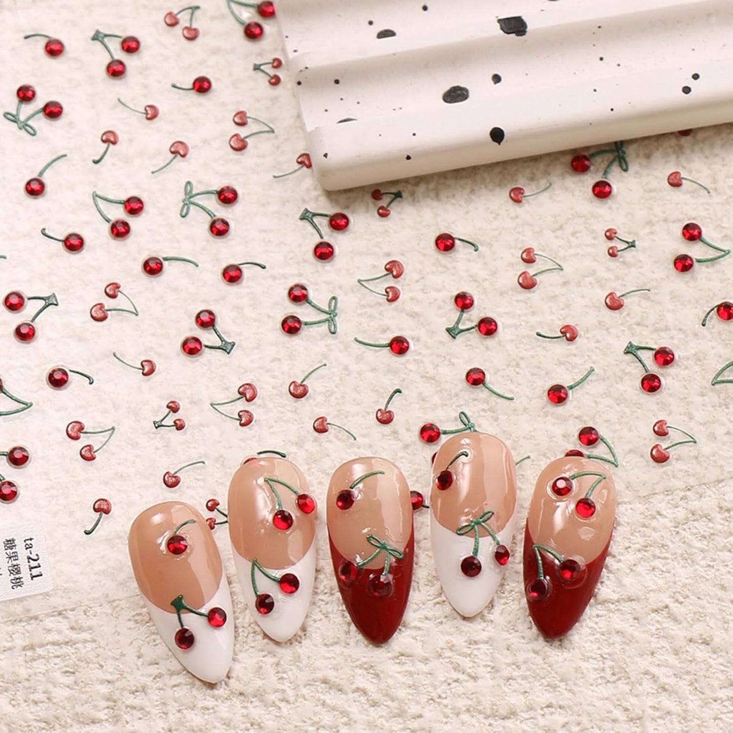 JMEOWIO 3D Nagelsticker Kirsche Nail Art Sticker Selbstklebend Nagelaufkleber 5D Stereoskopisk Dekoration Nageldesign Tilbehør 1 Blatt