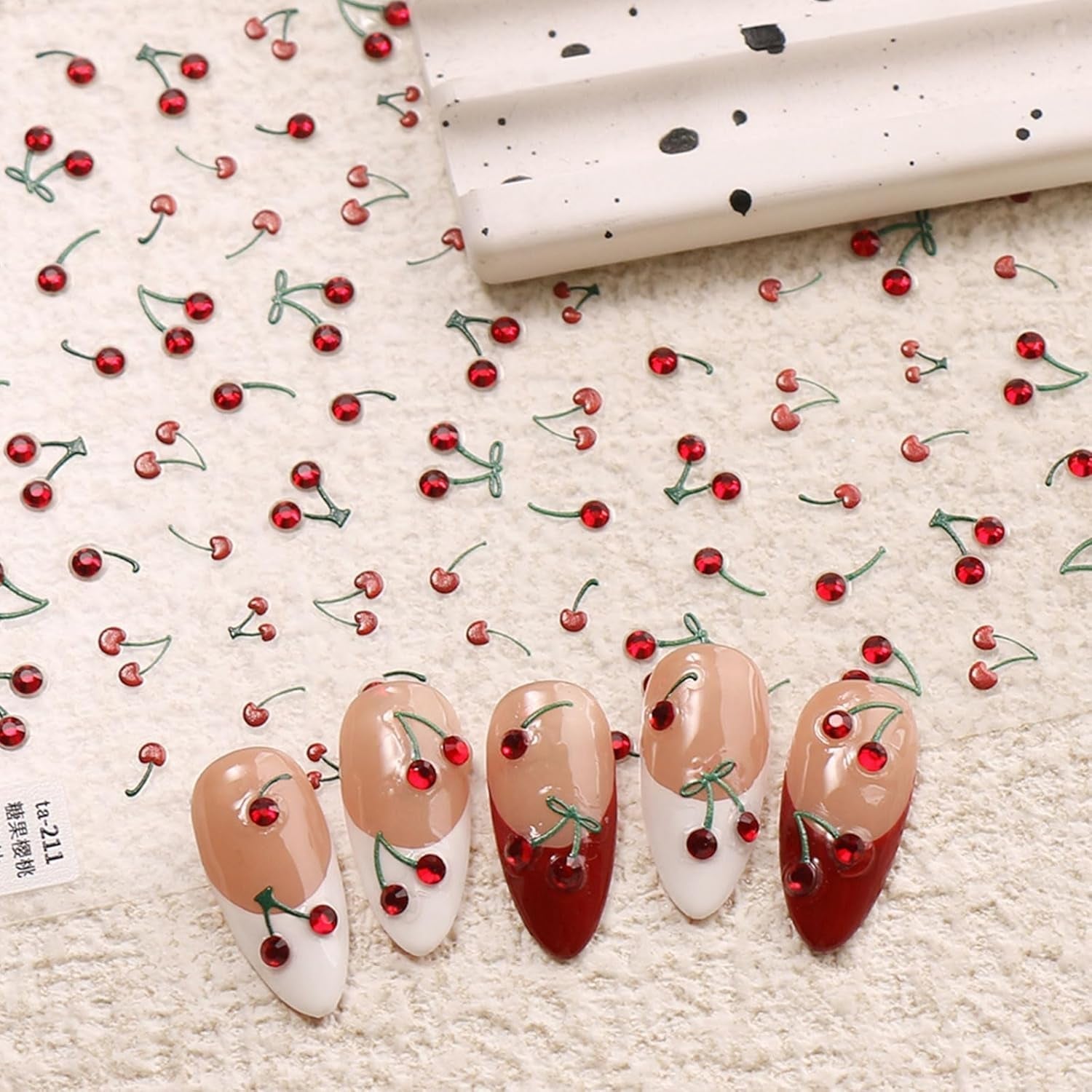 JMEOWIO 3D Nagelsticker Kirsche Nail Art Sticker Selbstklebend Nagelaufkleber 5D Stereoskopisk Dekoration Nageldesign Tilbehør 1 Blatt