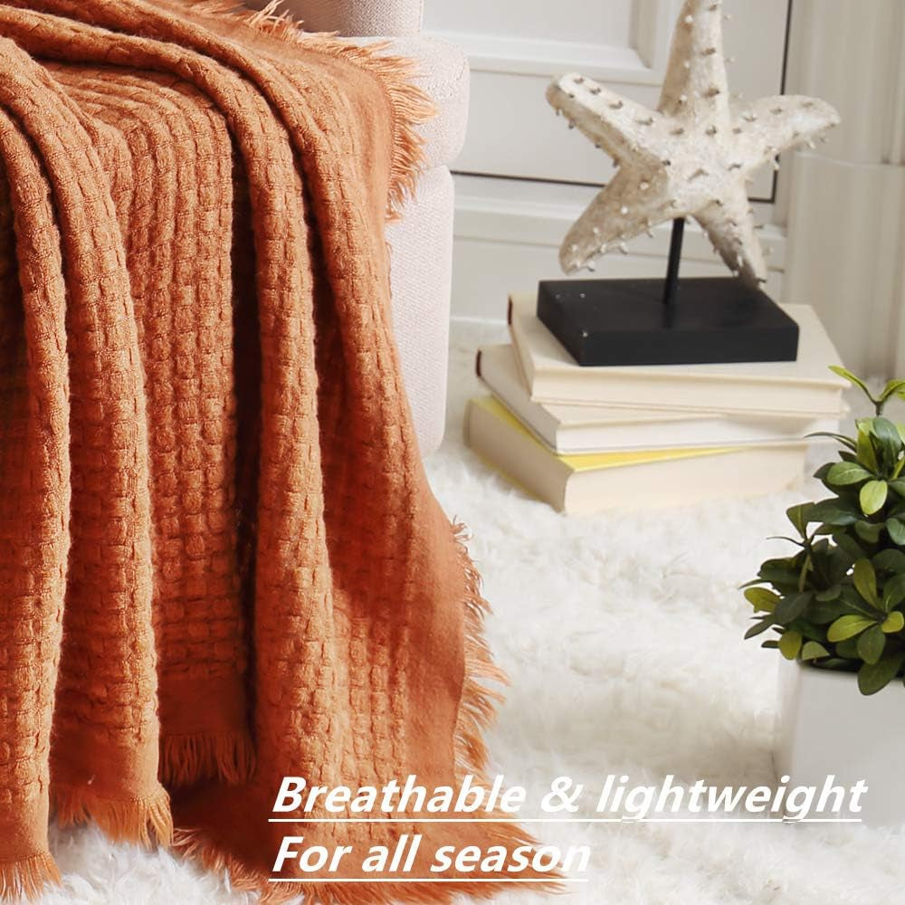 CREVENT Ruststrikket tæppe til sofa Sofa Stol Seng Boligindretning Blød Varm Hyggelig Letvægts Forår Sommer Efterår (127,8 X 152,4 cm Karamel / Brun / Brændt orange) CREVENT Senge og tæpper
