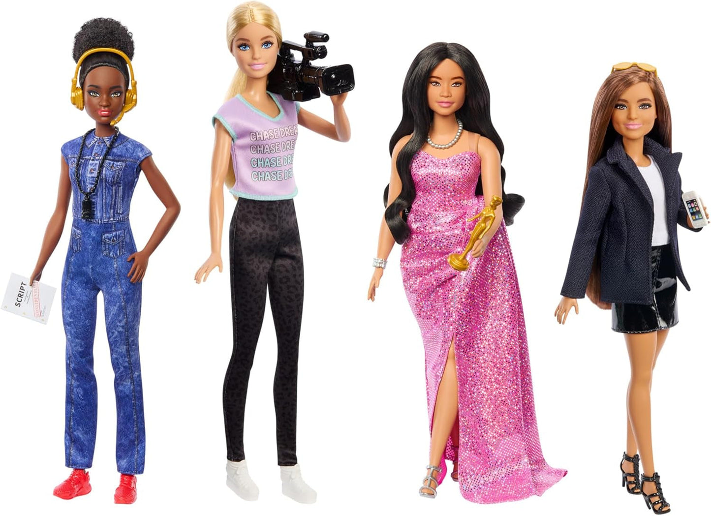 Barbie Berufe-Set med 4 Puppen og tilbehør, Frauen in der Filmbranche med Studioleiterin, Regisseurin, Kamerafrau og Filmstar in Ausziehbaren Outfits, HRG54