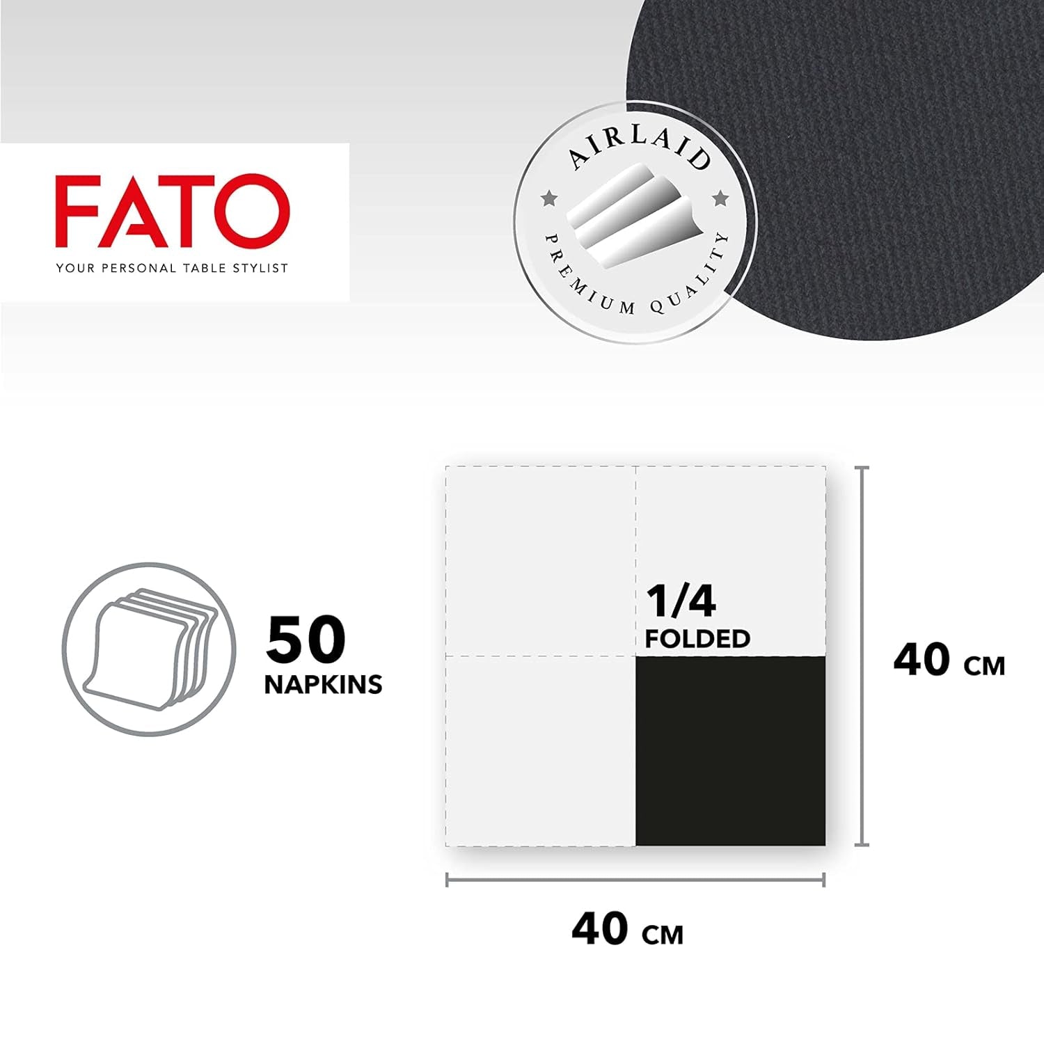Fato - Tørre papirservietter, Airlaid, stofeffekt, pakke med 50 servietter, størrelse 40X40 foldet i 4, farve sort