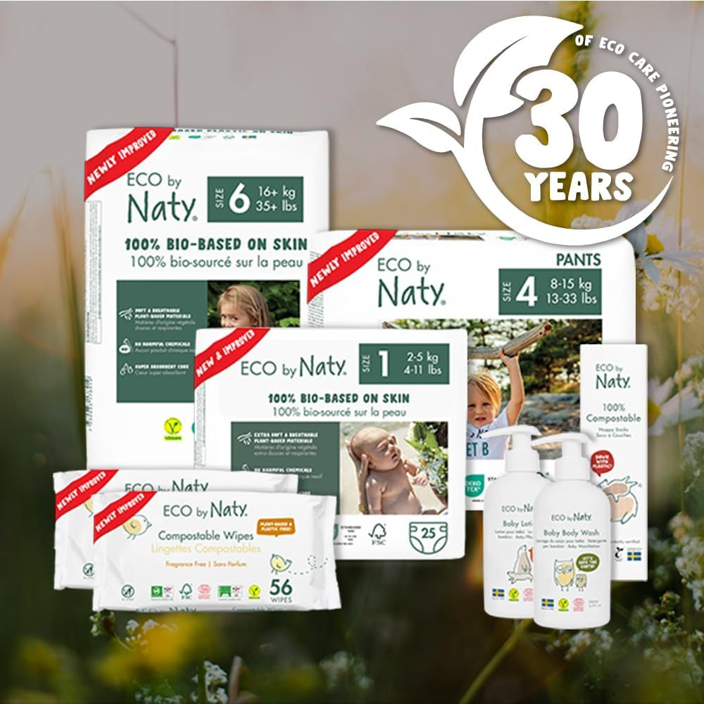 Eco Diapers Eco fra Naty Baby Eco Diapers - premium økologiske bleer, miljøvenlige, lavet af plantebaserede materialer, ideel til følsom babyhud (størrelse 5 - 80 stk.)