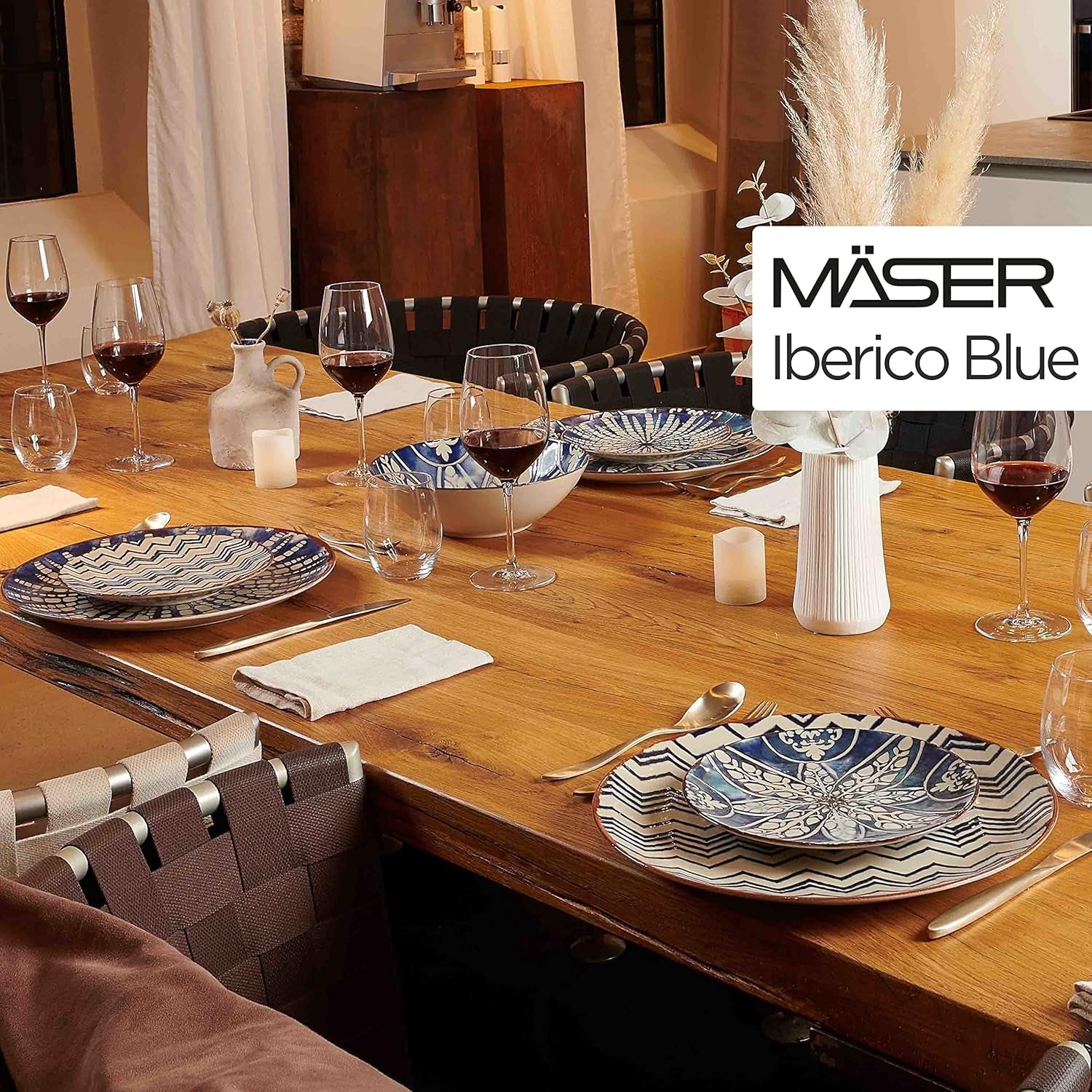 MÄSER 934017 Iberico Blue 4-personers middagssæt, 12 dele, maurisk stil, forskellige vintagedesigns i hvid og blå, keramik