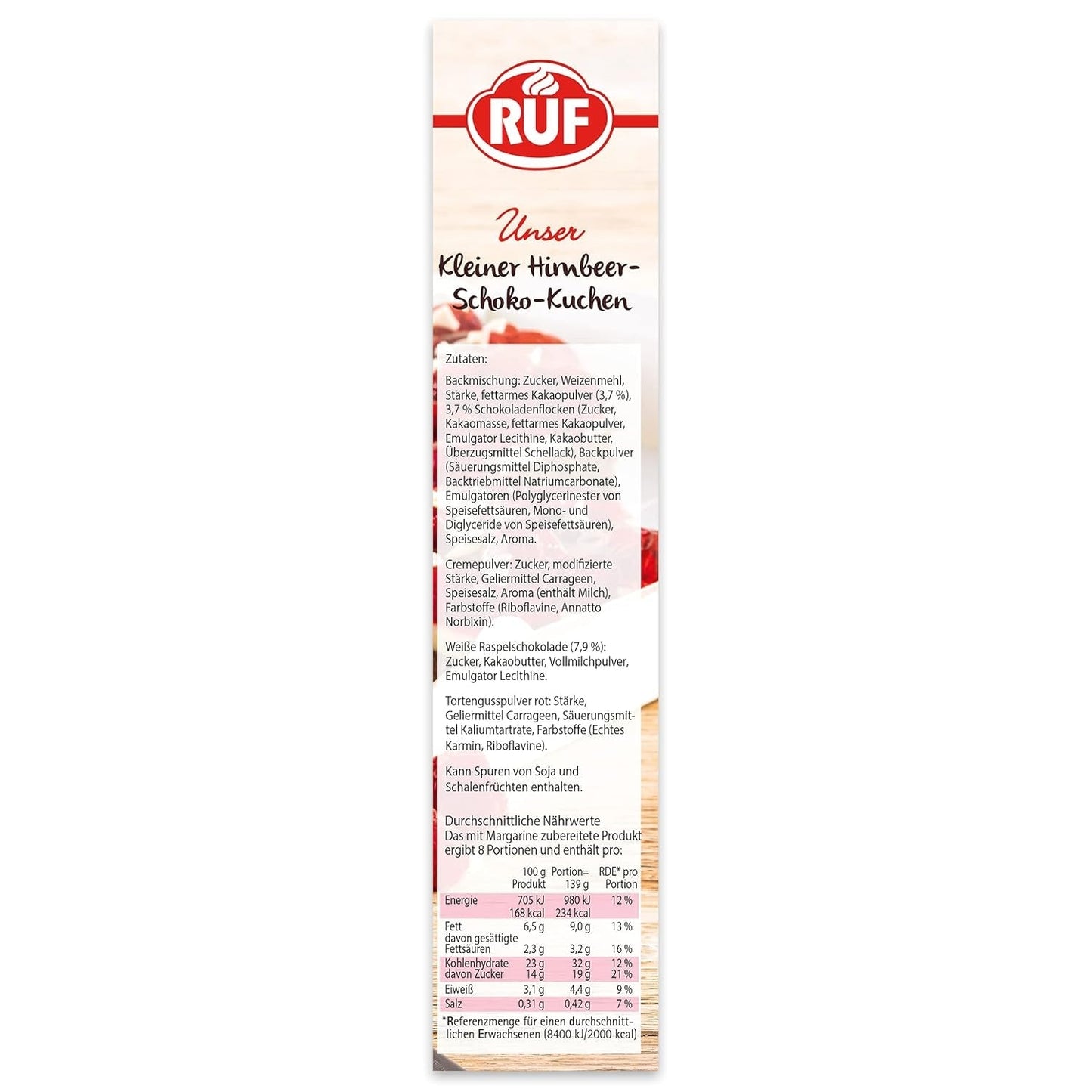 RUF Kleiner Himbeer-Schokokuchen, Mini-Kuchen Mit Feiner Puddingcreme, Himbeeren Und Weißen Schokoraspeln, Inkl. Bagform, 1X252G Blanding til bagning og madlavning Naty Shop