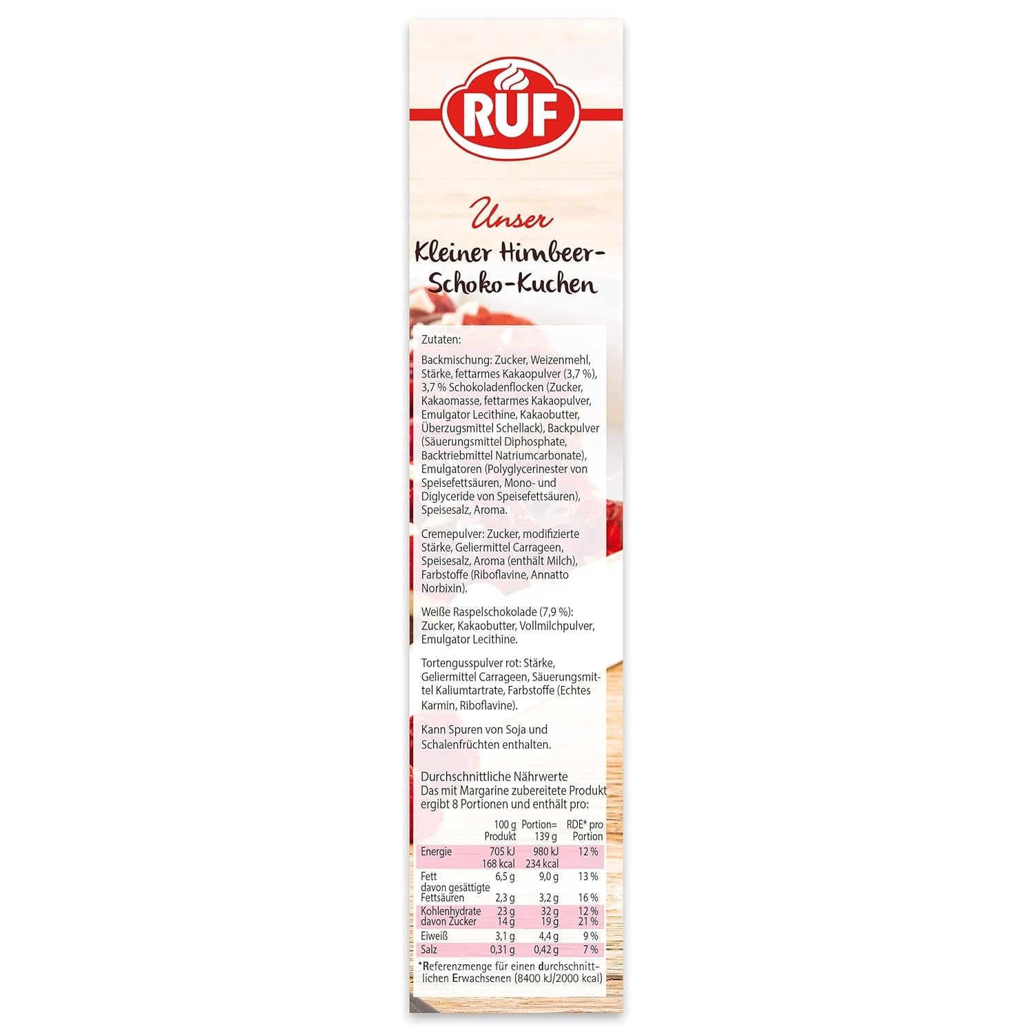 RUF Kleiner Himbeer-Schokokuchen, Mini-Kuchen Mit Feiner Puddingcreme, Himbeeren Und Weißen Schokoraspeln, Inkl. Bagform, 1X252G Blanding til bagning og madlavning Naty Shop