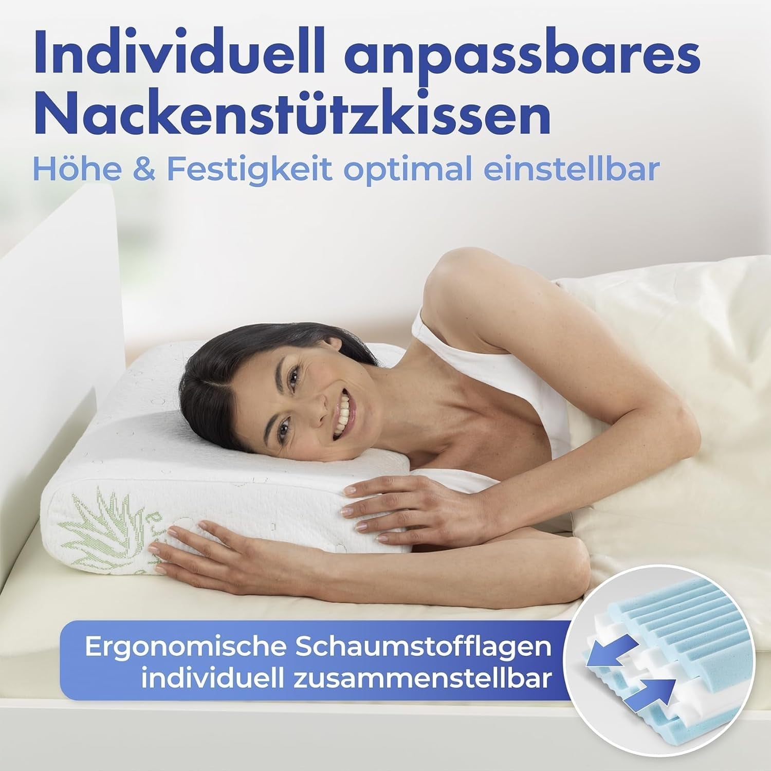 Maximex visco nakkestøttepude, Åndbar støttepude med ergonomisk skumfyld, Højde- og højdejusterbar nakkestøttepude for en afslappende søvn, Med aloe vera Naty Shop standardpuder