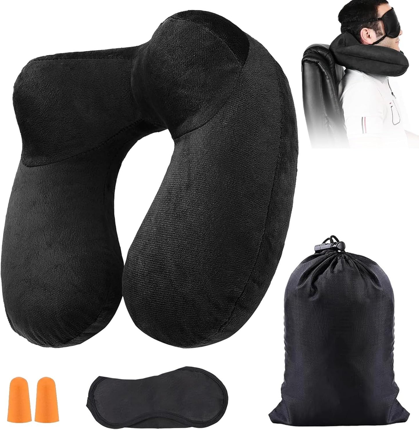 Oppustelig rejsepude, rejsepude med sovemaske + ørepropper + bæretaske, super let og bærbar, ideel til fly, bil, hjem, kontor, sorte Naty Shop rejsepuder Standard titel