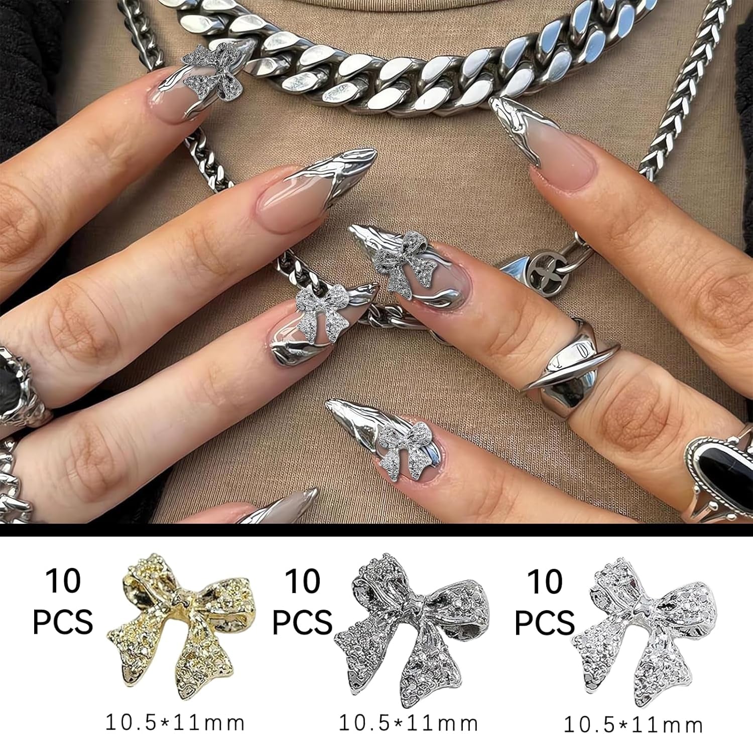 30 stk metal neglesløjfer, guld sølvgrå sløjfer, negletilbehør, negledekorationer til kvinder og piger, nail art design