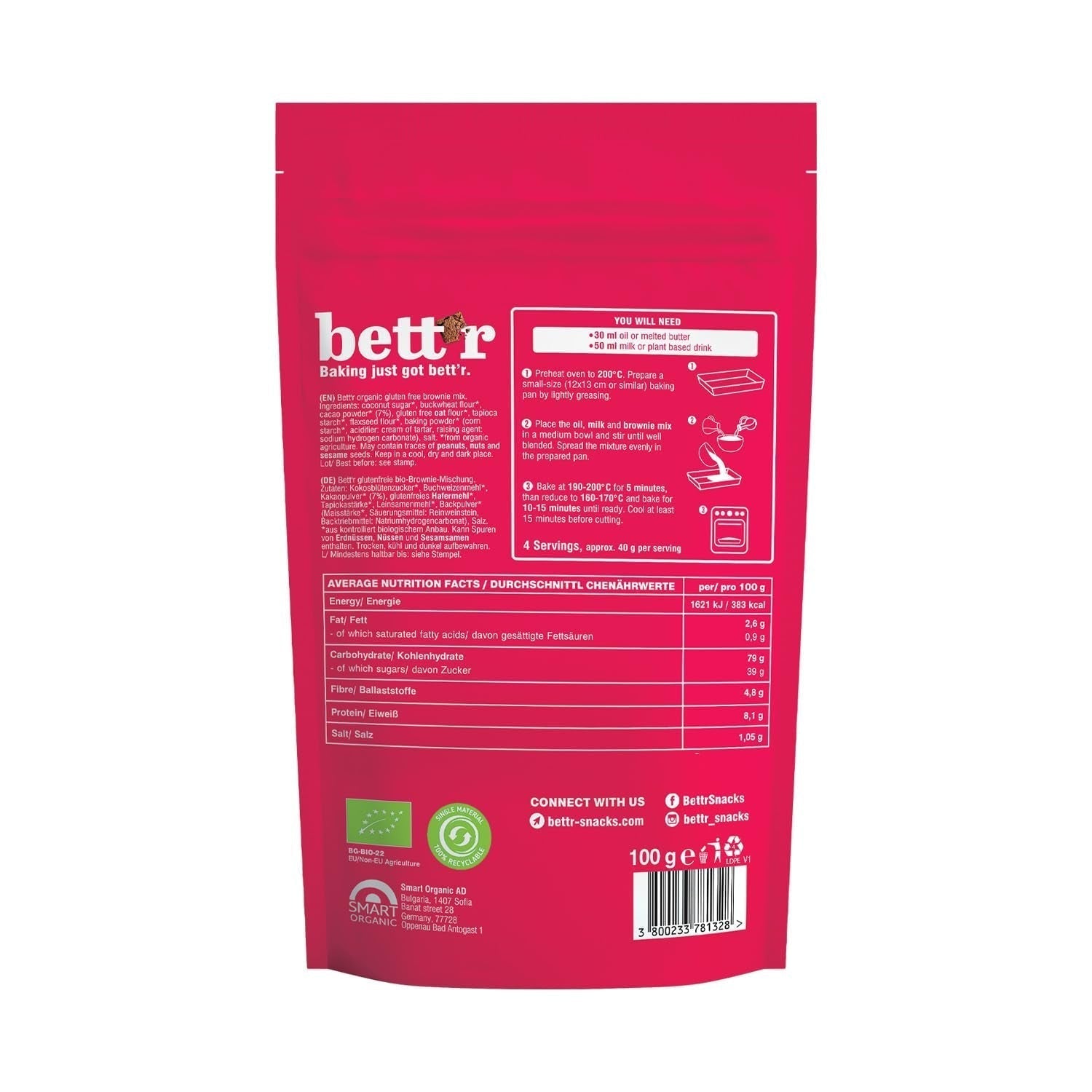 Bettr Organic Brownie Mix - Bio, Vegan Og Glutenfreie Brownies Mit Reichhaltigem Kakaogeschmack - 400 G - 15 Portionen Naty Shop