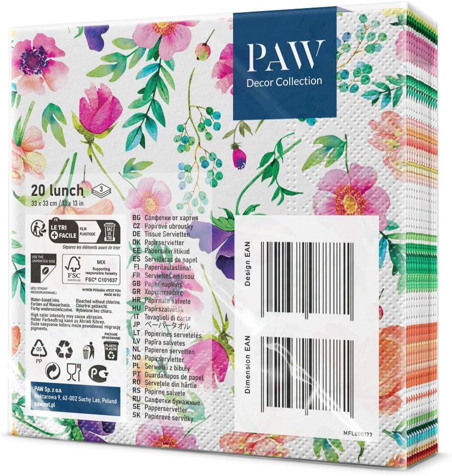 PAW - 3-lags servietter (33 X 33 Cm) I 20 stykker I Perfekt til fødselsdage, fester, bryllupper, nadver og helligdage I Bordpynt Farverige papirservietter - Farverige blomster Flora I Blomsterarrangement