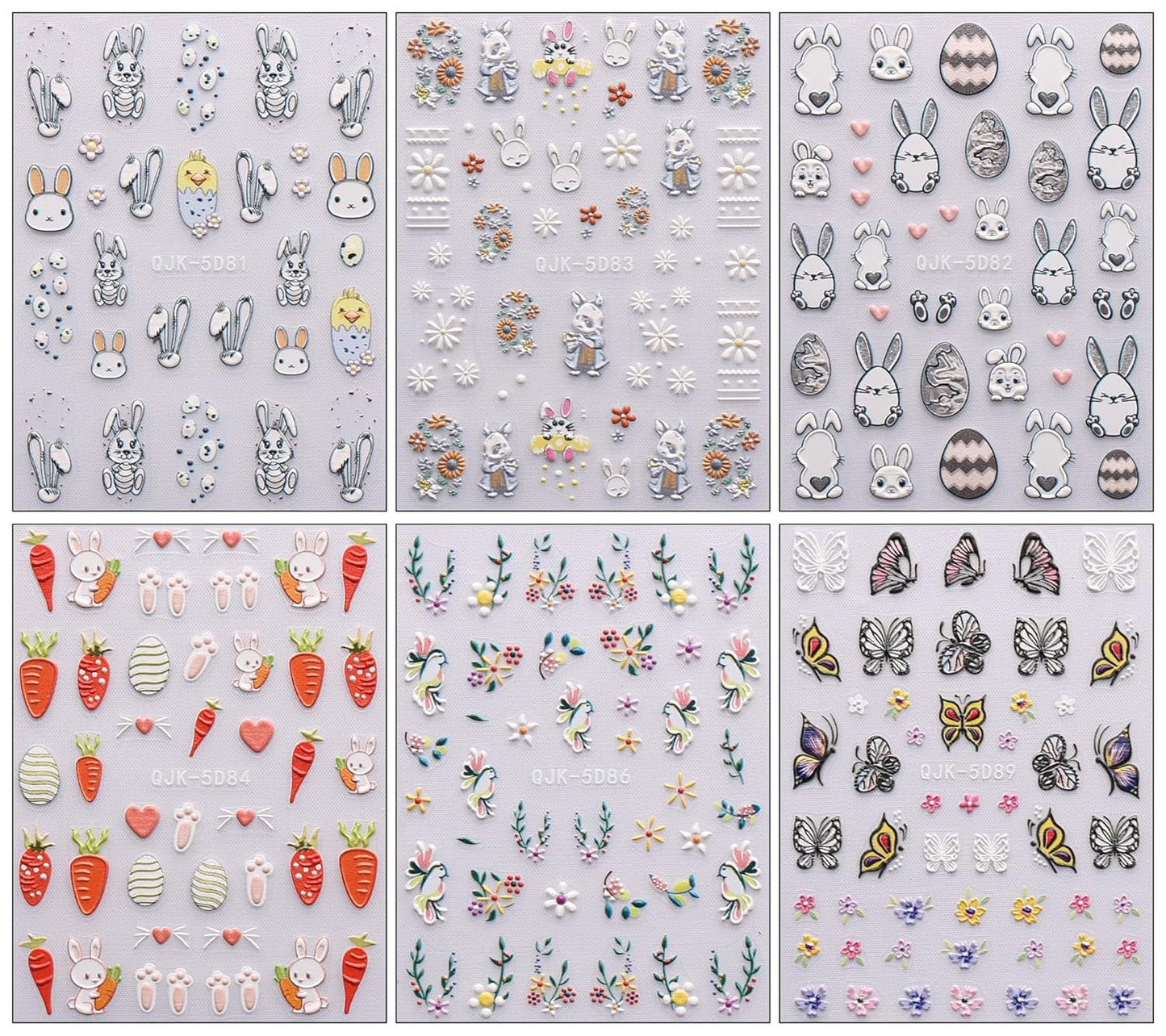 JMEOWIO 6 Blatt 3D Nagelsticker Ostern Nail Art Sticker Selbstklebend Nagelaufkleber 5D Stereoskopisk Süßer Hase Ei Dekoration Nageldesign Zubehör