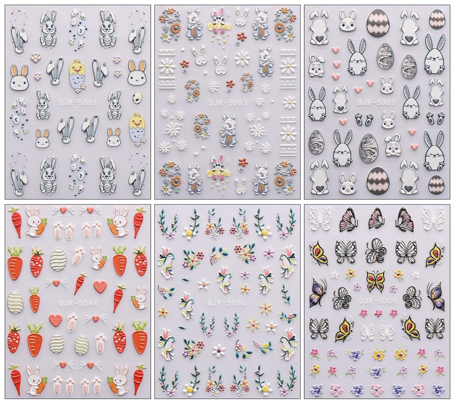 JMEOWIO 6 Blatt 3D Nagelsticker Ostern Nail Art Sticker Selbstklebend Nagelaufkleber 5D Stereoskopisk Süßer Hase Ei Dekoration Nageldesign Zubehör