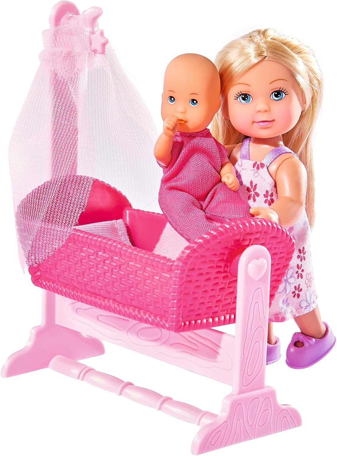 Simba 105736242 - Evi Love Doll Cradle 2 Assorteret Evi som barnepige med vugge og baby modedukke 12 cm fra 3 år og opefter