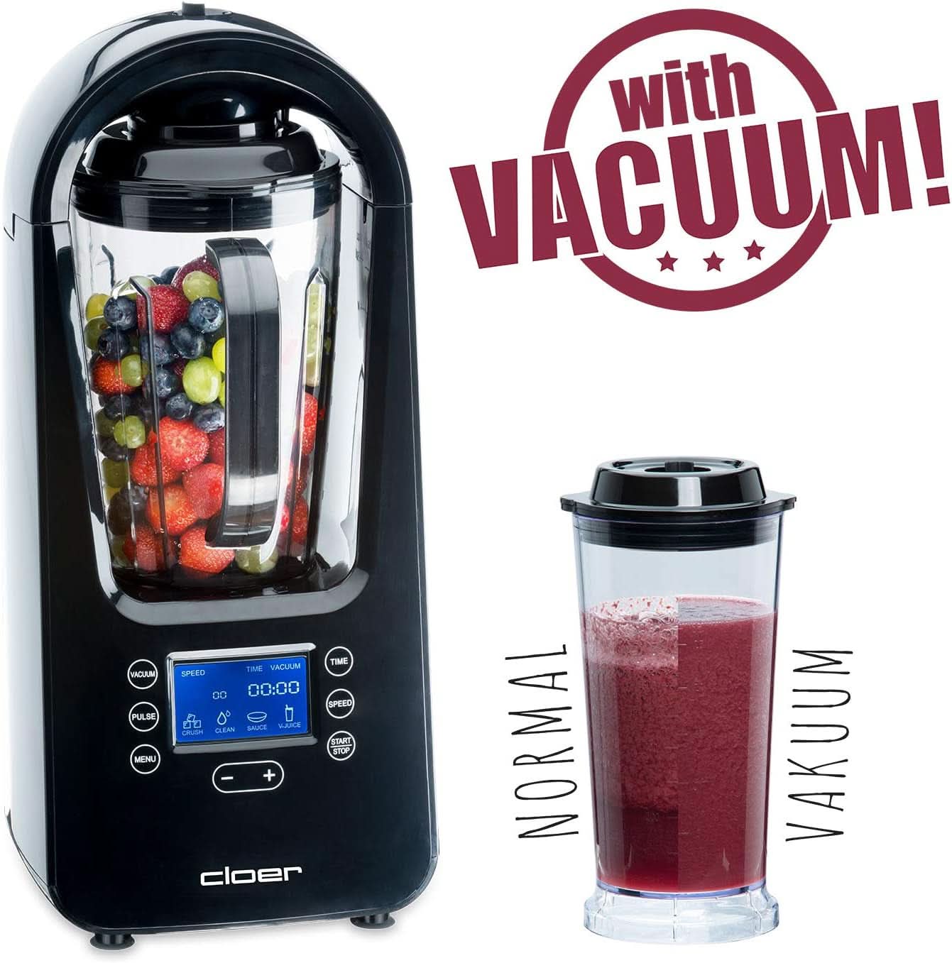 Cloer 6980 Vakuum Standmixer / 800 Watt / 21.000 U/Min. / Inkl. Vorratsbehälter/Vakuumventil/Automatikprogram/Eis-Crush-Funktion/Reinigungsfunktion/Schwarz, 1500 Milliliters Kitchen Naty Shop