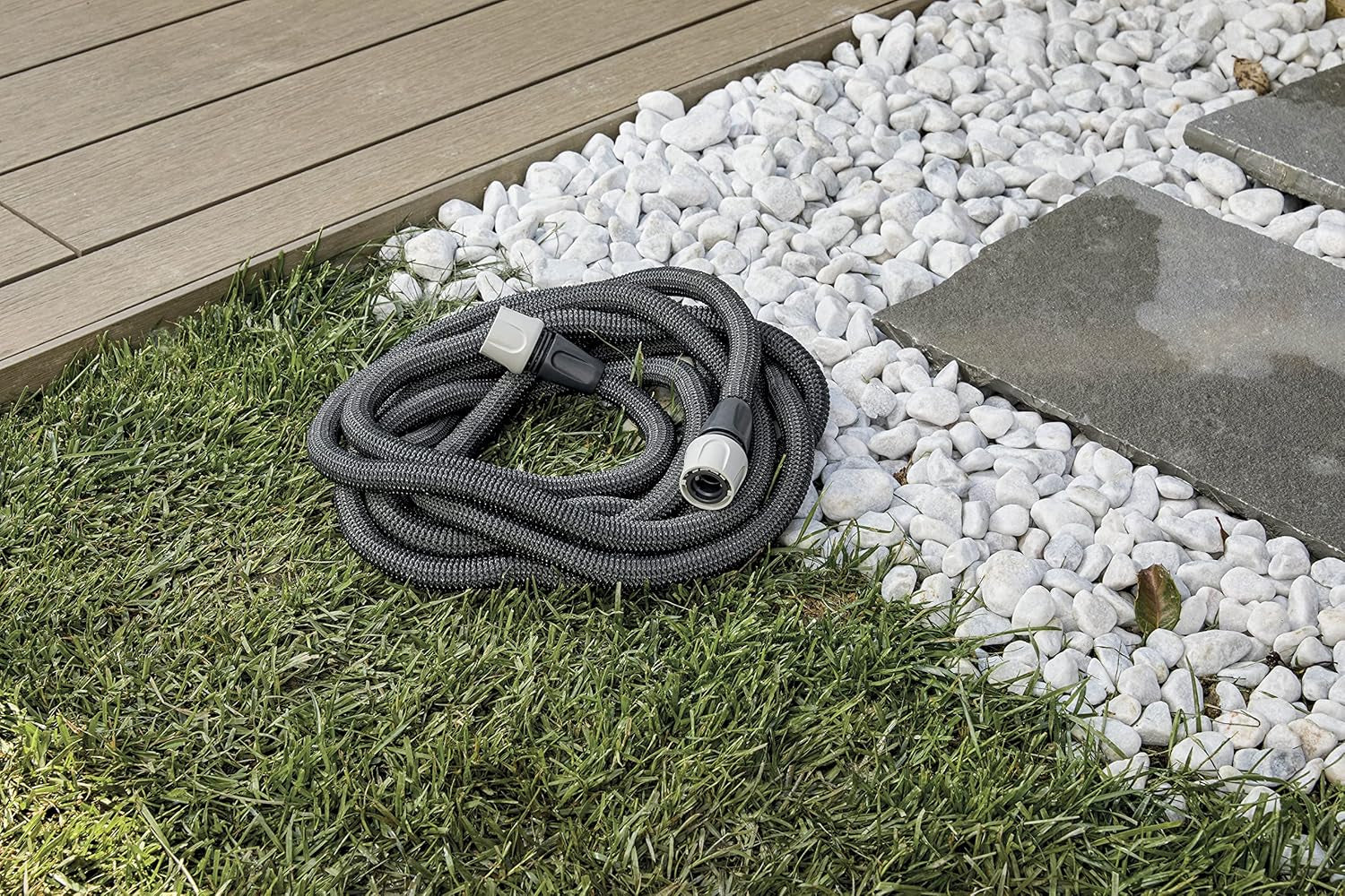 GF SRL, Aquapop Grey Easy 10, 10 meter selvforlængende flettet slange, fremstillet i Italien, med mini havesprøjte og stik til havevanding, mørkegrå