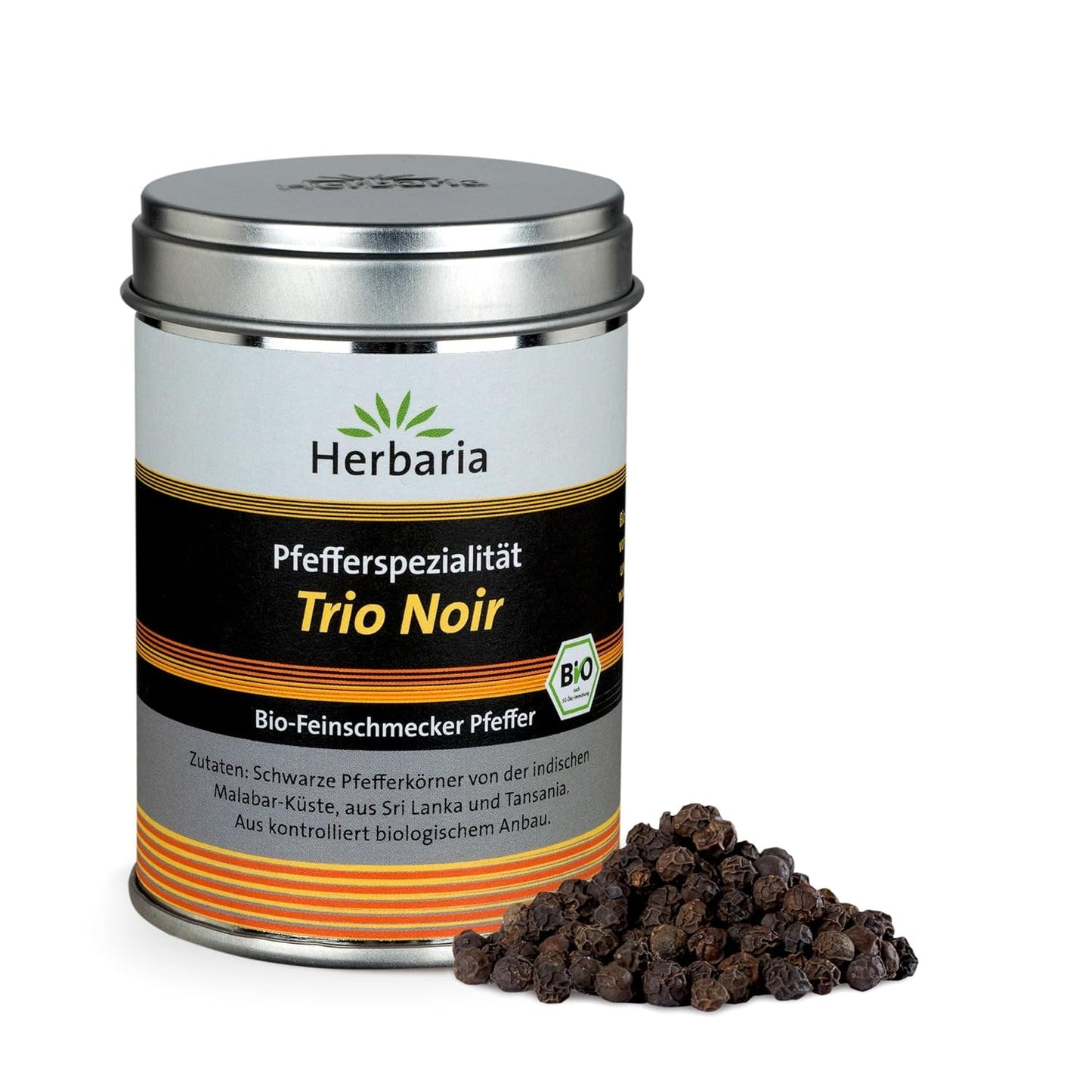 Herbaria Trio Noir bio 75g M-Dose – Bio Pfeffer schwarz ganz – ganze Pfefferbeeren – schwarze Pfeffermischung aus biologiske Anbau af drei forskellige regionale regioner - i nachhaltiger Aromaschutz-Dose