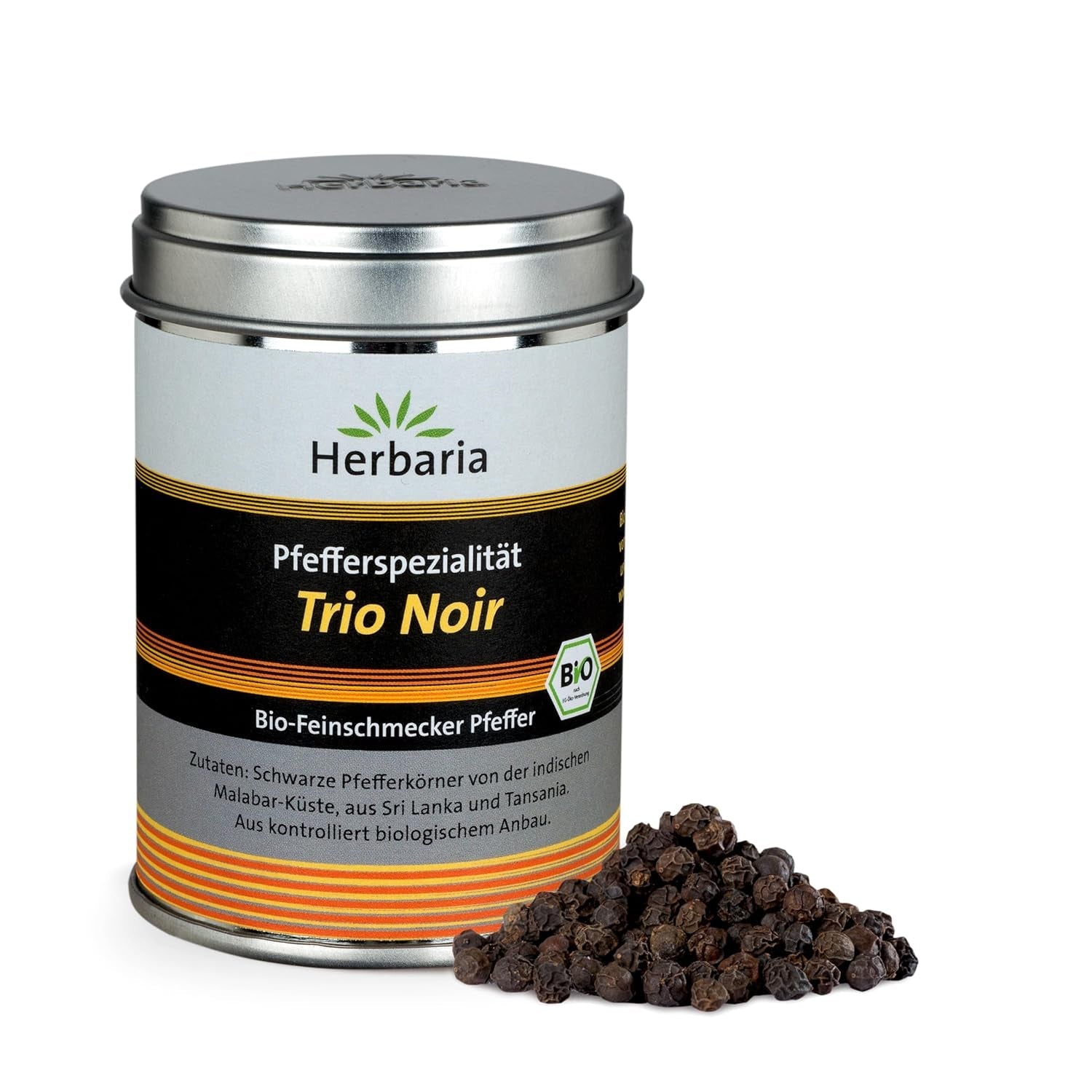 Herbaria Trio Noir bio 75g M-Dose – Bio Pfeffer schwarz ganz – ganze Pfefferbeeren – schwarze Pfeffermischung aus biologiske Anbau af drei forskellige regionale regioner - i nachhaltiger Aromaschutz-Dose