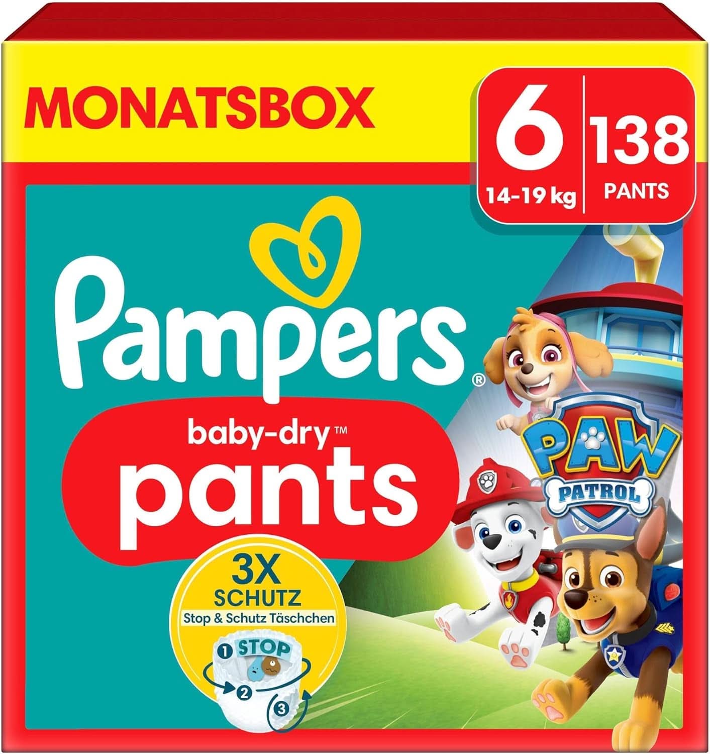 Pampers bleer Paw Patrol Pants str. 5 (12-17Kg) Baby-Dry, Junior med Stop og Protect lomme, MÅNEDSÆSKE, 160 bleer Naty Shop